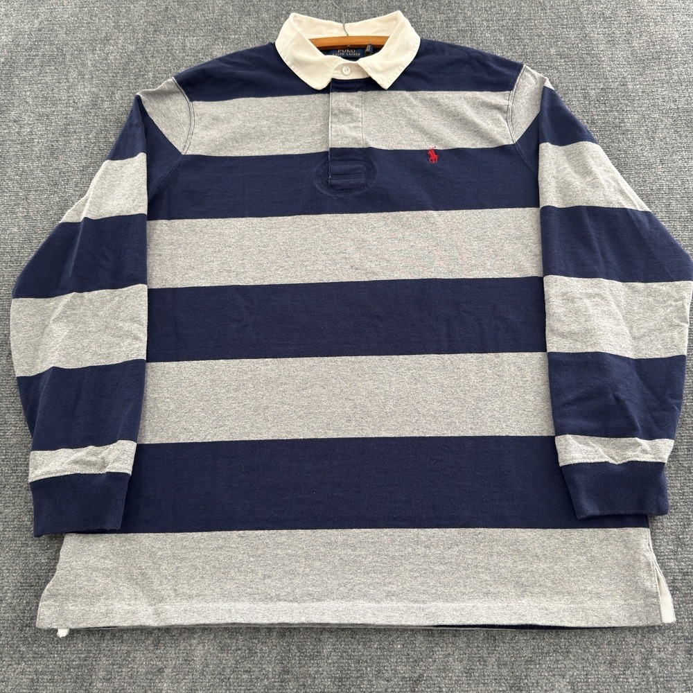 Polo Ralph Lauren Rugby Shirt Men XL Blue Grey Striped Long Sleeve Classic Pony